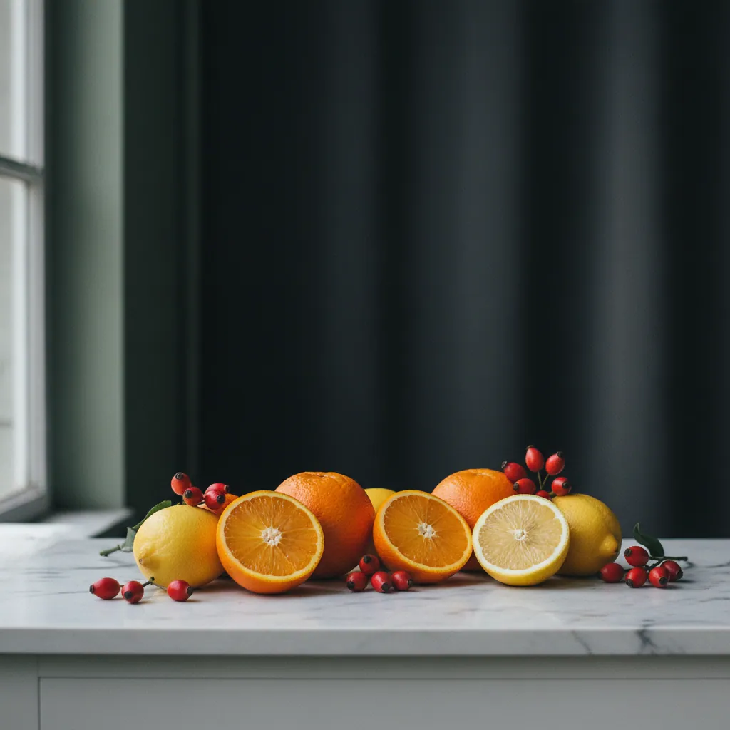Verse sinaasappels, citroenen en groene bladeren op een witte marmeren keukentafel